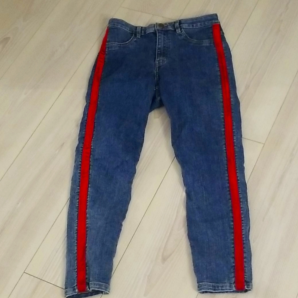 High waisted red velvet stripe skinny jeans
